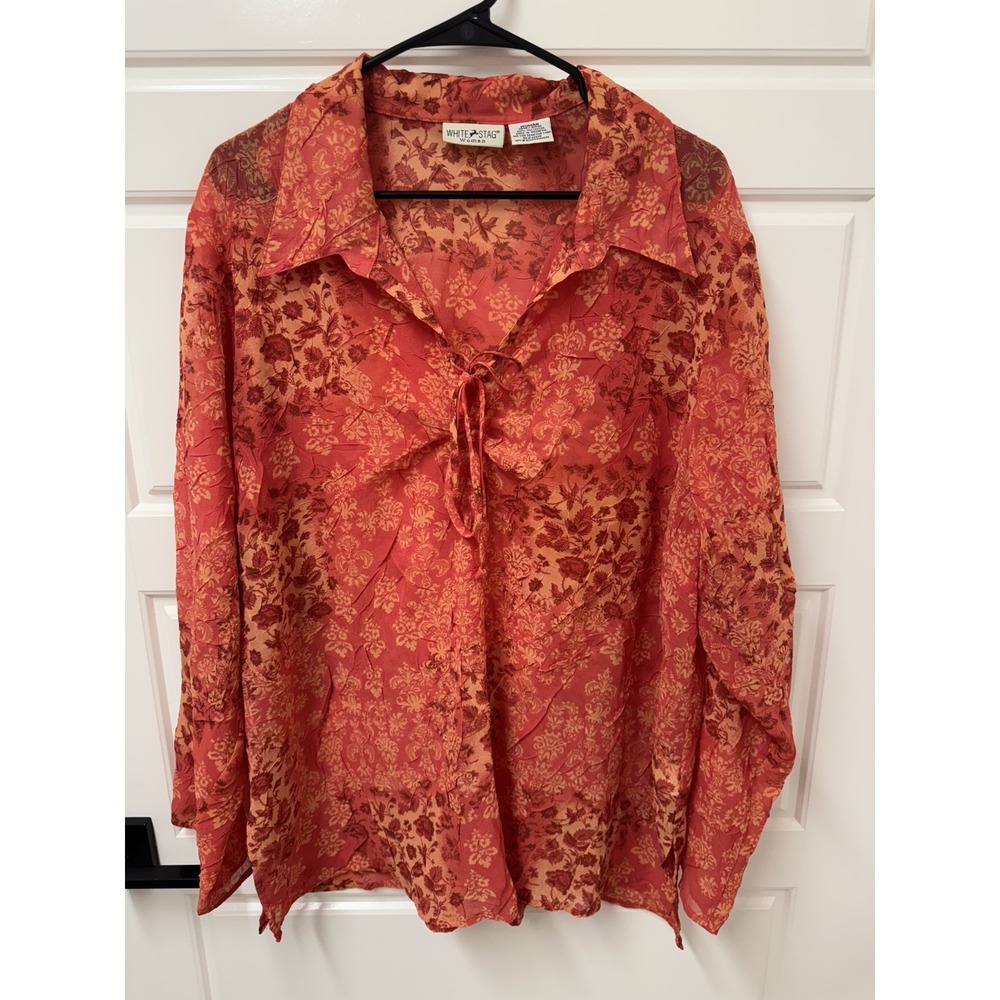 White Stag 18W/20W Orange crinkle blouse tunic pullover tassel tie semi sheer A2